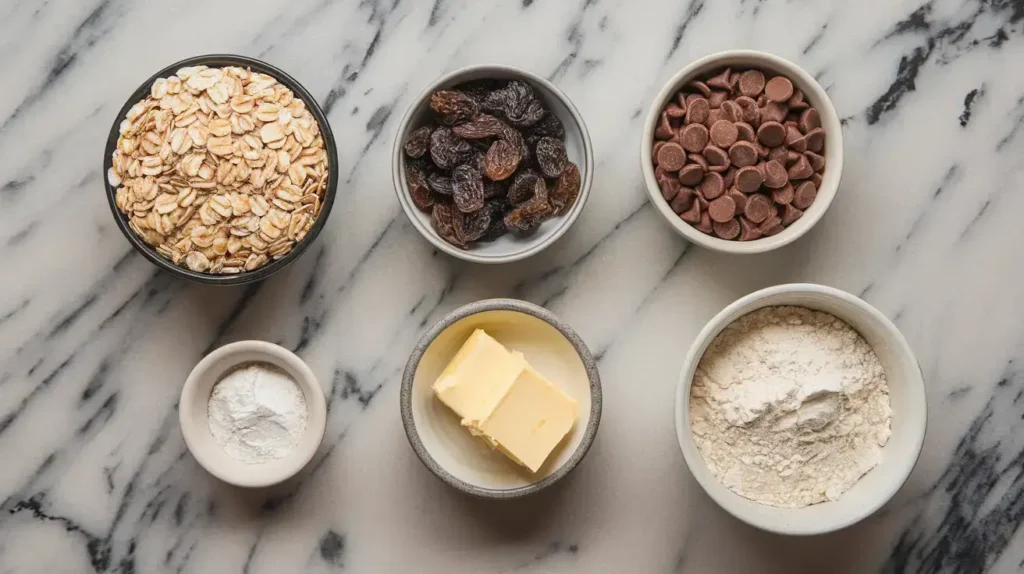 Ingredients for oatmeal raisin chocolate chip cookies