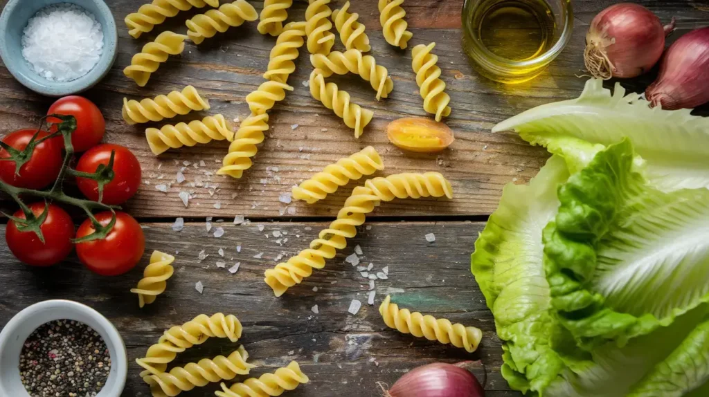 Ingredients for making a 4 ingredient pasta salad.