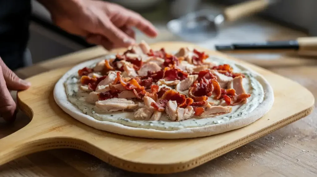 Assembling chicken bacon ranch pizza with toppings