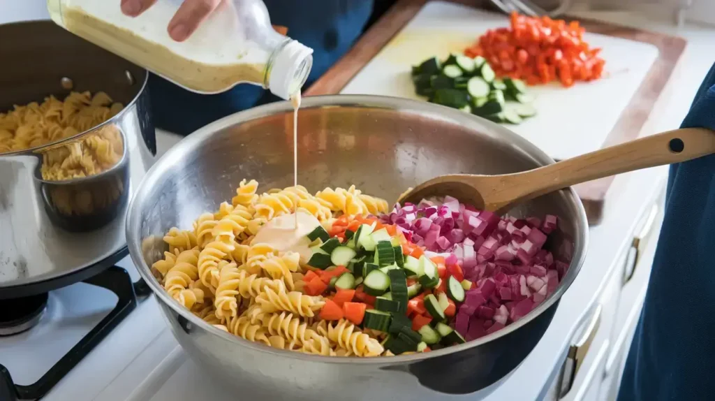 Step-by-step process for making a 4 ingredient pasta salad.