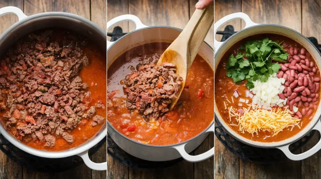 Step-by-step preparation of taco soup frios in a pot.