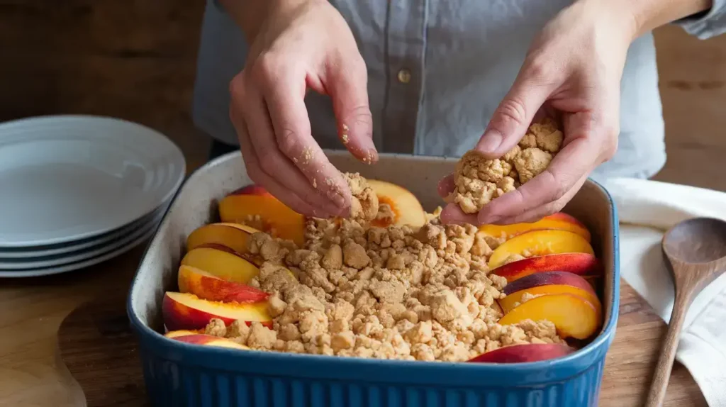 Adding crumble topping to peaches