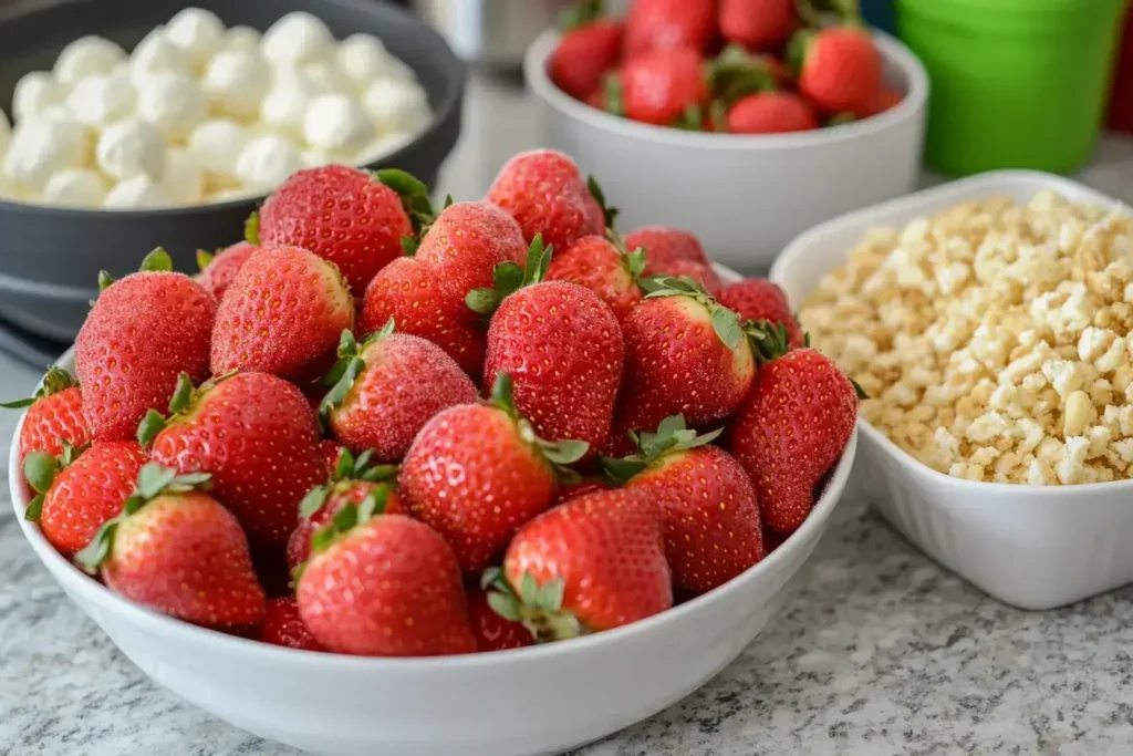 Ingredients for making a homemade strawberry crunch cake, neatly arranged on a counter.
