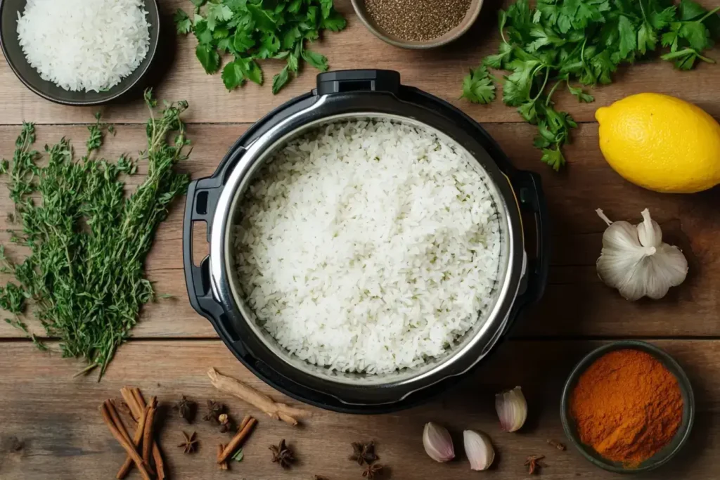 Ingredients for cooking basmati rice in an Instant Pot, including rice, spices, and fresh herbs.