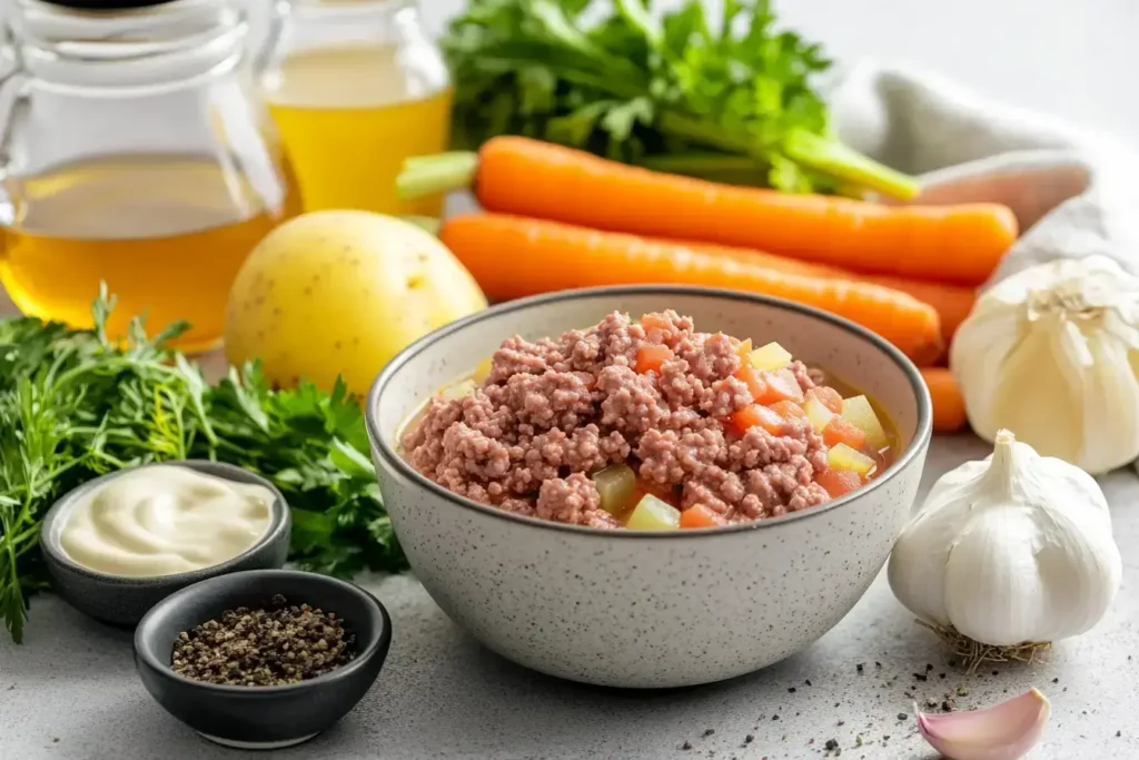 All ingredients for hamburger potato soup arranged neatly on a countertop