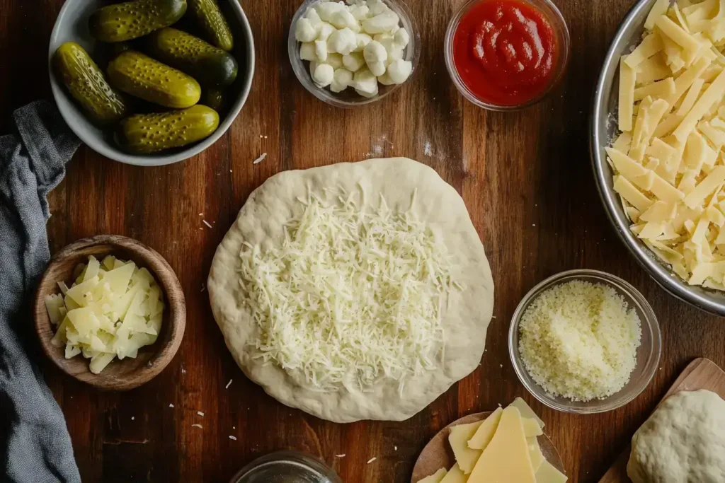 Ingredients for pickle pie pizza: pickles, cheese, dough, and sauce.