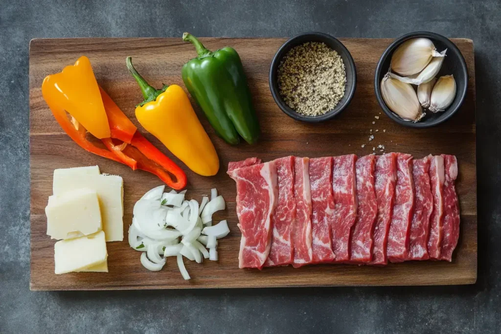 Ingredients for Philly Cheesesteak Pasta including steak, cheese, and vegetables.