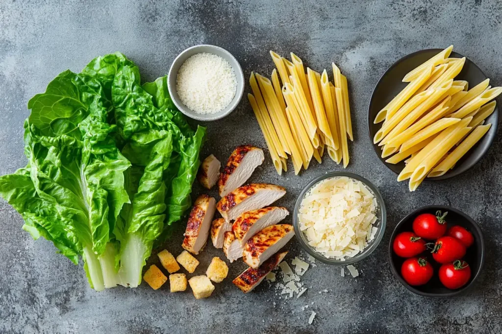 Ingredients for Caesar pasta salad, including pasta, dressing, and toppings