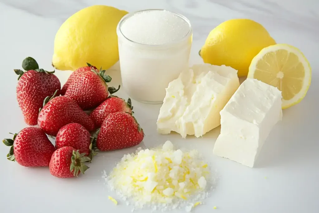 Ingredients for making fresh strawberry cream cheese at home.