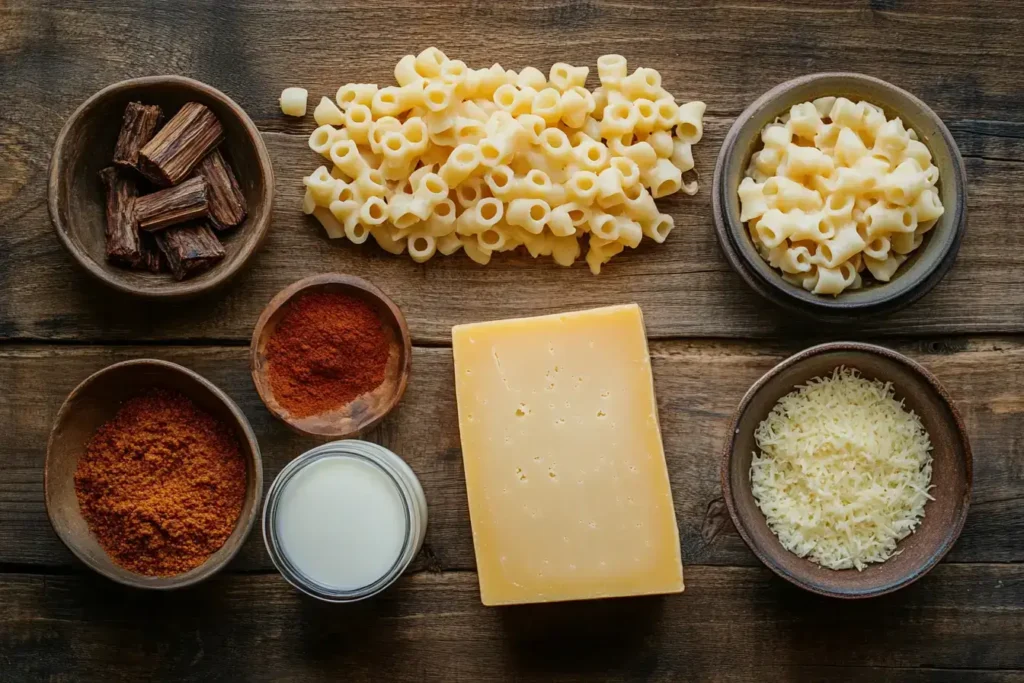 Ingredients for smoked mac and cheese made with coquillettes on a rustic surface.