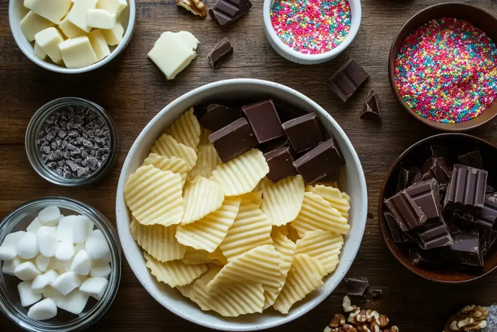 Ingredients for making chocolate covered potato chips arranged on a wooden counter