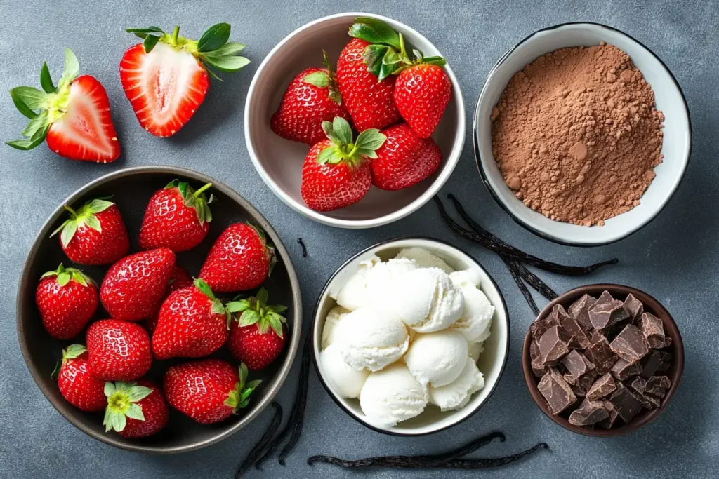 Ingredients for Neapolitan ice cream on a table.