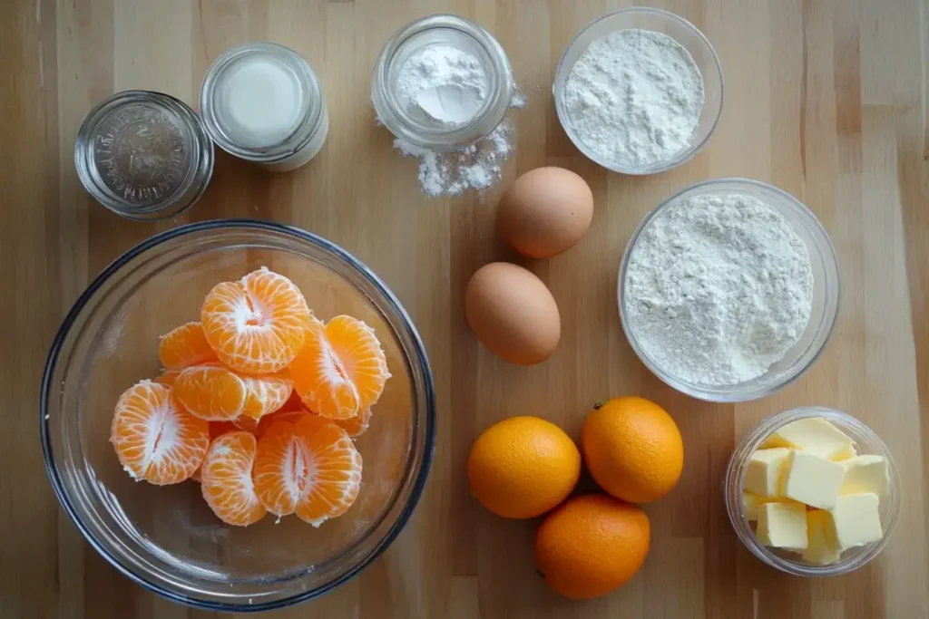 Flat lay of ingredients for mandarin orange cake on a wooden countertop.