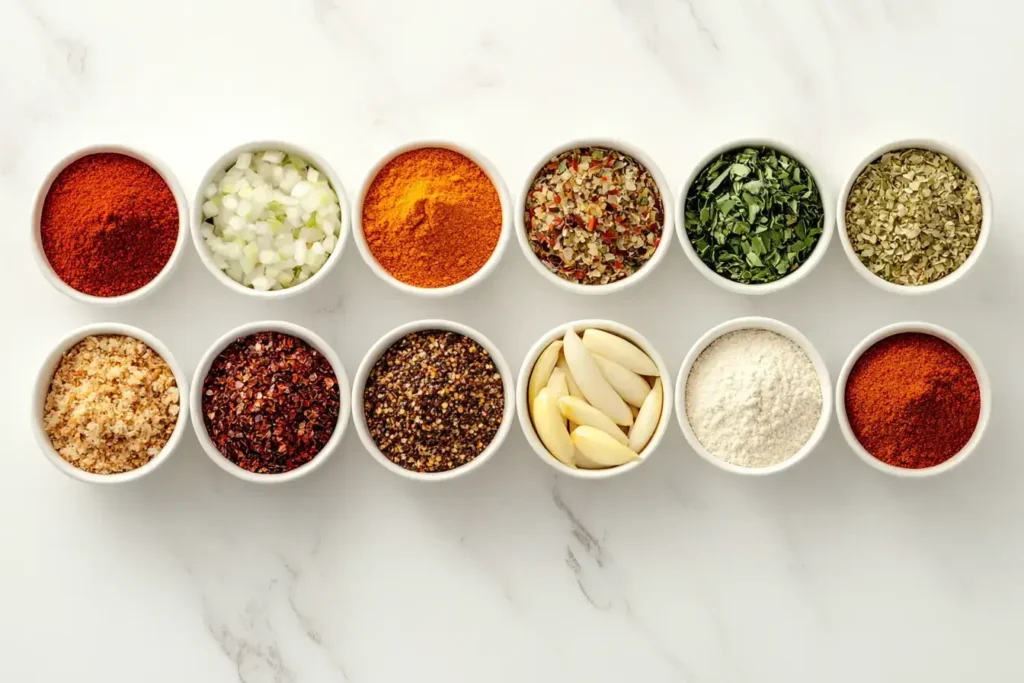 Ingredients for chicken taco seasoning displayed on a table.