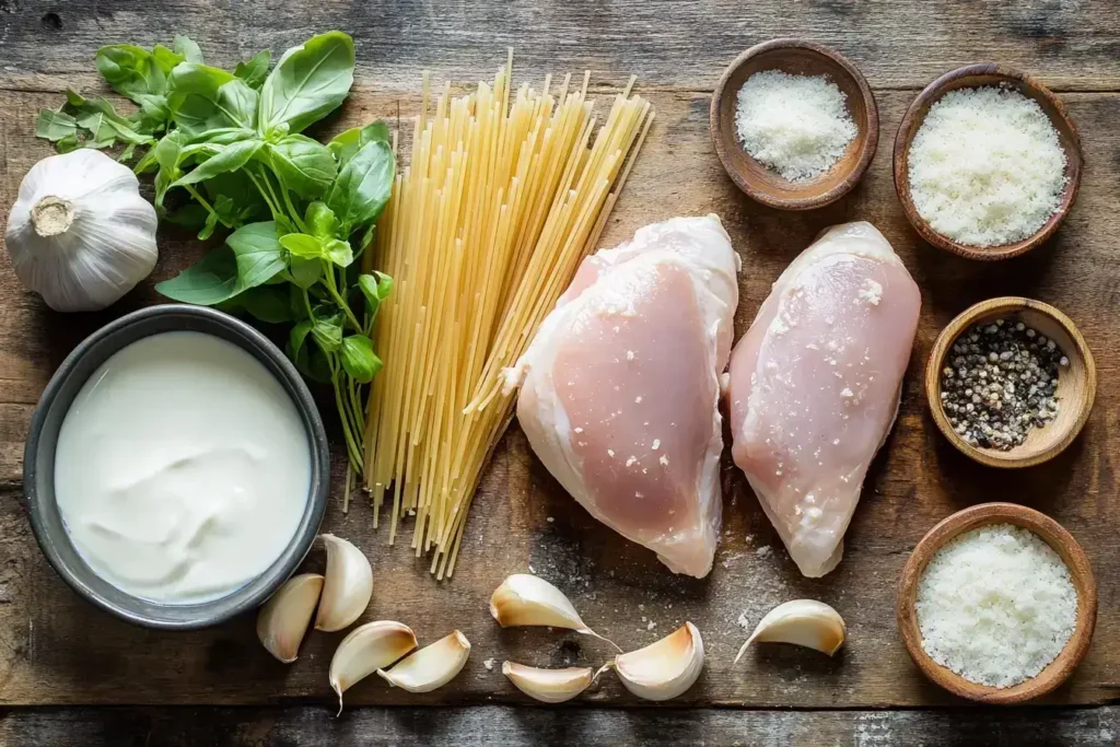 Ingredients for garlic parmesan chicken pasta on a rustic surface.