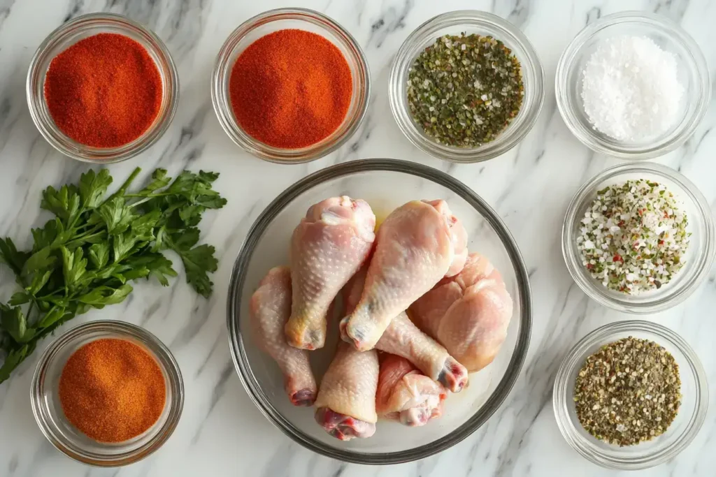 Ingredients for smoked chicken drumsticks with spices and raw drumsticks.