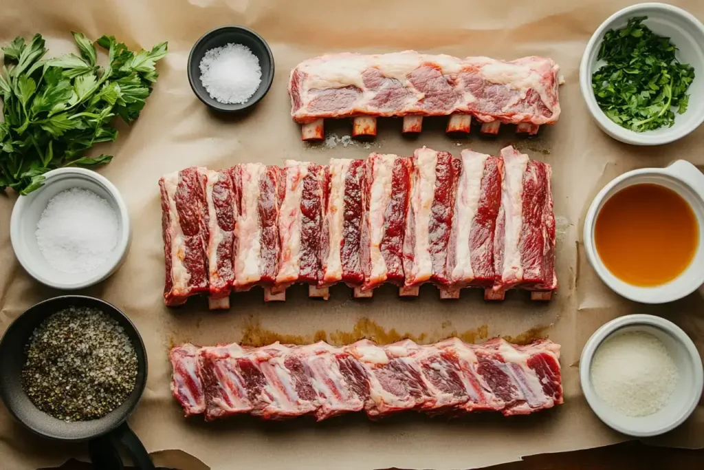 Ingredients for preparing beef back ribs, including spices and fresh meat.