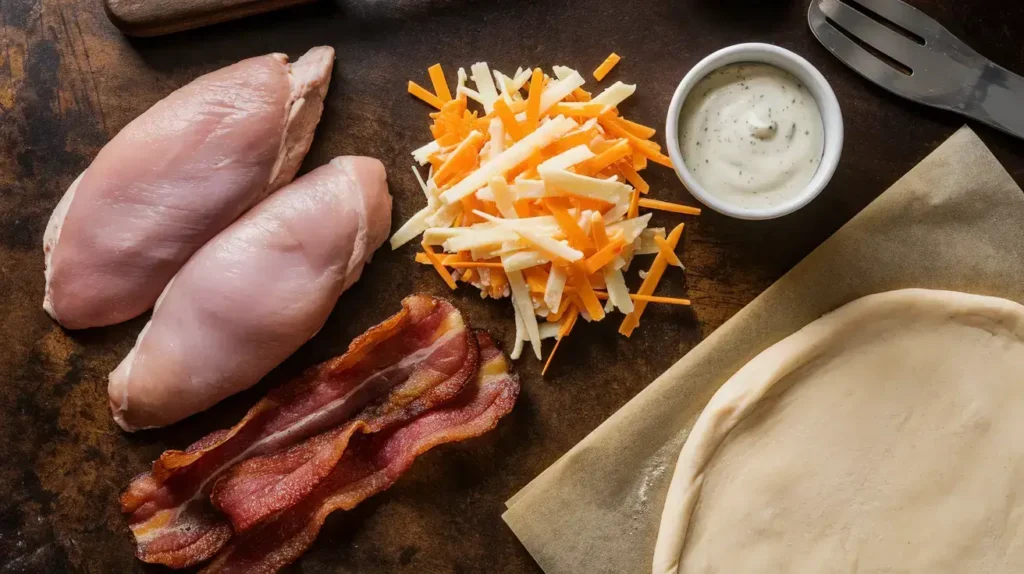 Fresh ingredients for chicken bacon ranch pizza on a wooden table