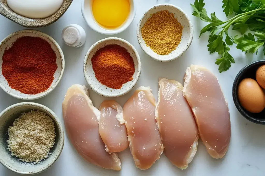 Ingredients for making baked chicken cutlets displayed on a countertop.