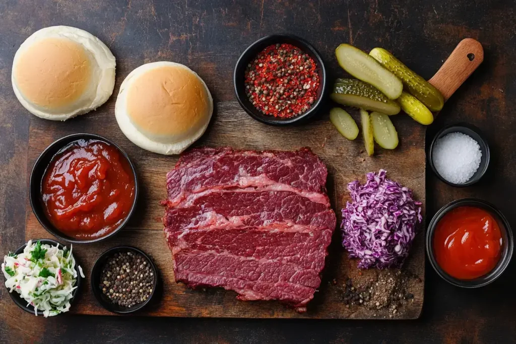 Ingredients for a beef brisket sandwich, including brisket, buns, and toppings.