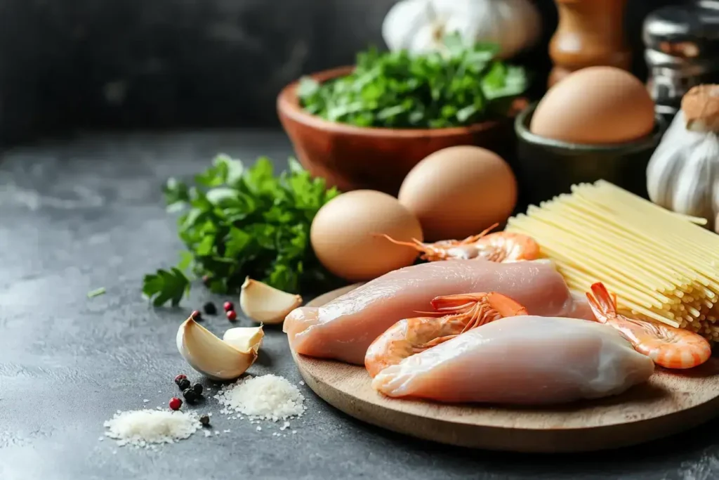 Ingredients for Chicken and Shrimp Carbonara laid out on a countertop.