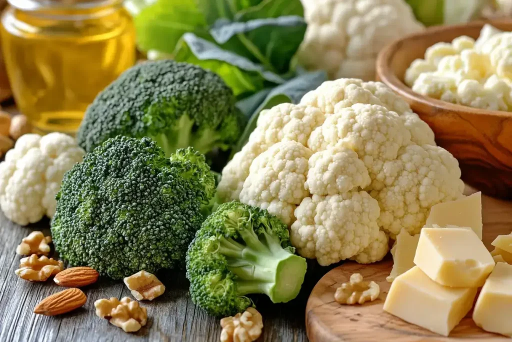 Broccoli cauliflower salad ingredients flat lay