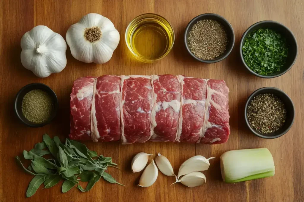 Ingredients for preparing beef chuck roll on a wooden table.