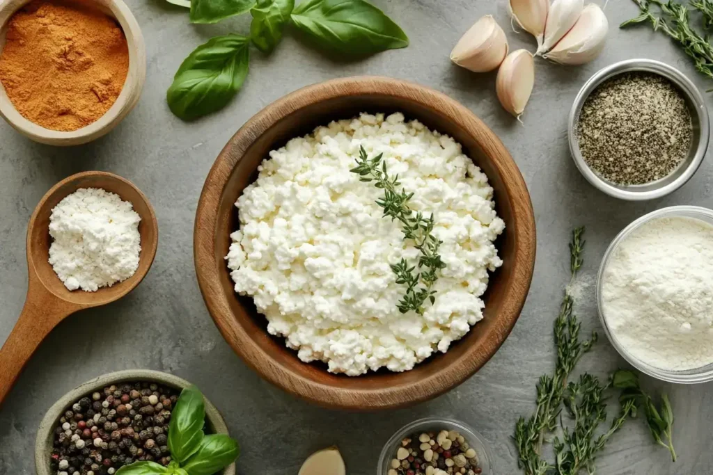 Ingredients for cottage cheese flatbread recipe including flour, cottage cheese, and spices