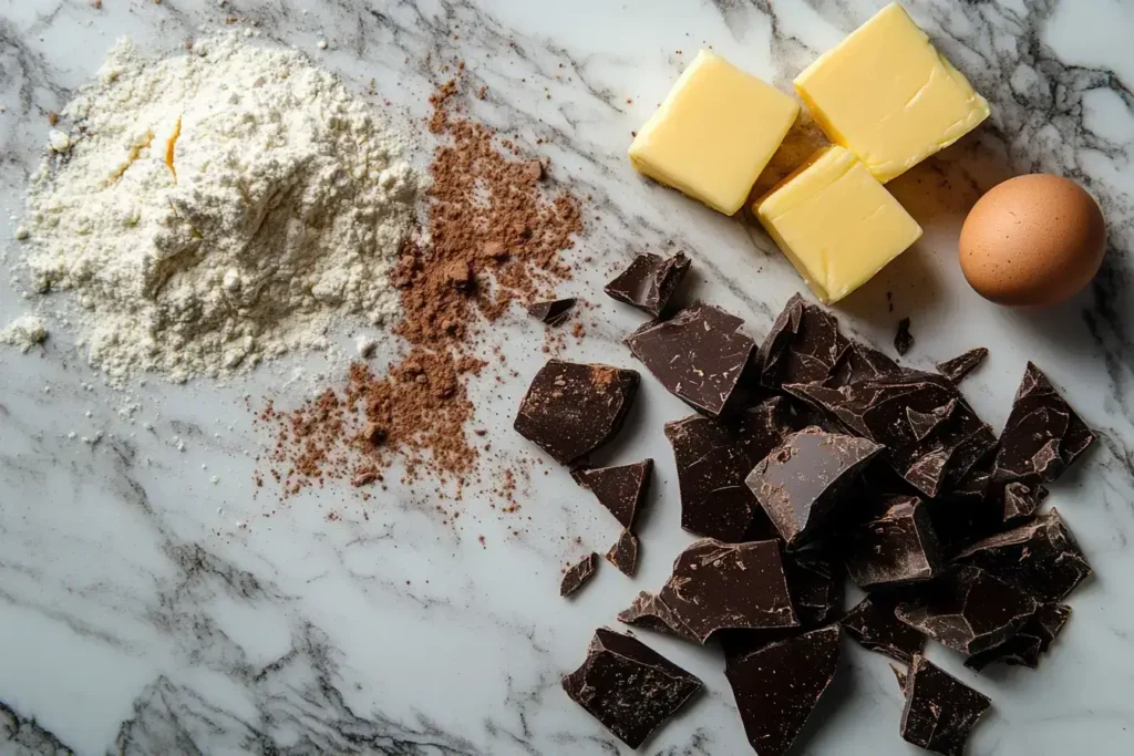 Ingredients for making double chunk chocolate cookies, including flour, cocoa powder, butter, eggs, and chopped chocolate on a marble surface.