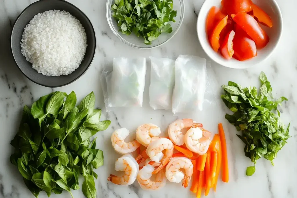 Ingredients for making shrimp spring rolls
