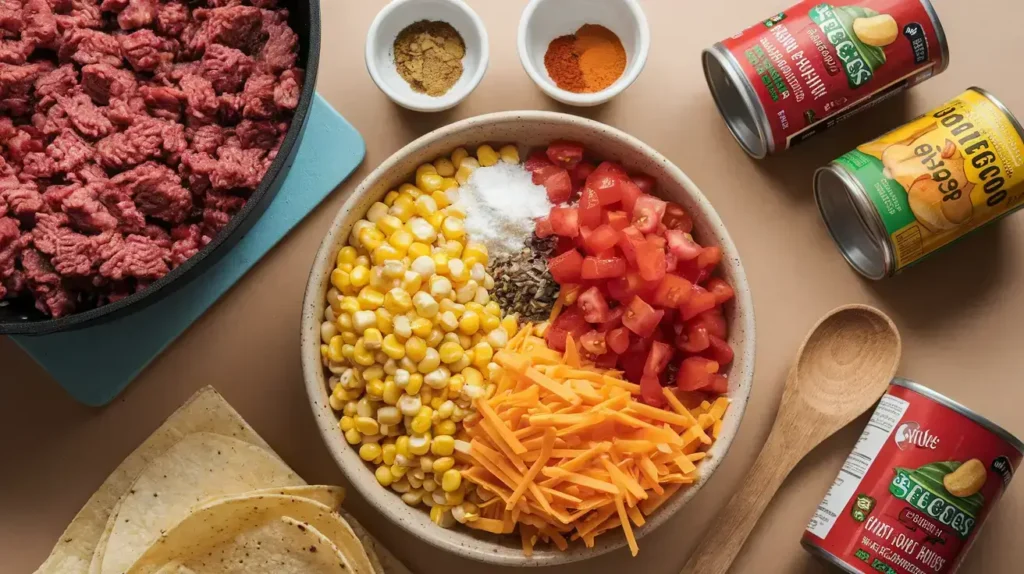Ingredients for taco soup frios laid out on a kitchen counter.
