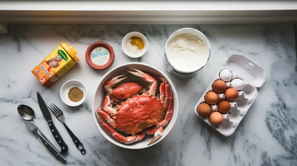 Fresh crab meat and ingredients for crab brulee.