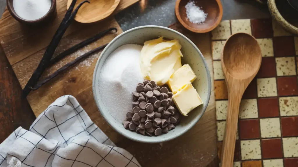 Ingredients for making caramel chocolate: sugar, cream, butter, and chocolate chips