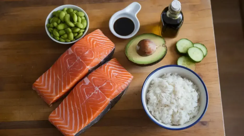 Ingredients for a salmon poke recipe.