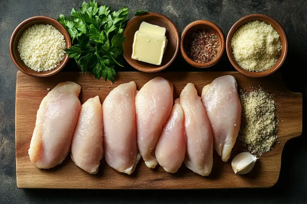Fresh ingredients for Parmesan Crusted Chicken Longhorn including chicken, parmesan cheese, garlic, and seasoning.
