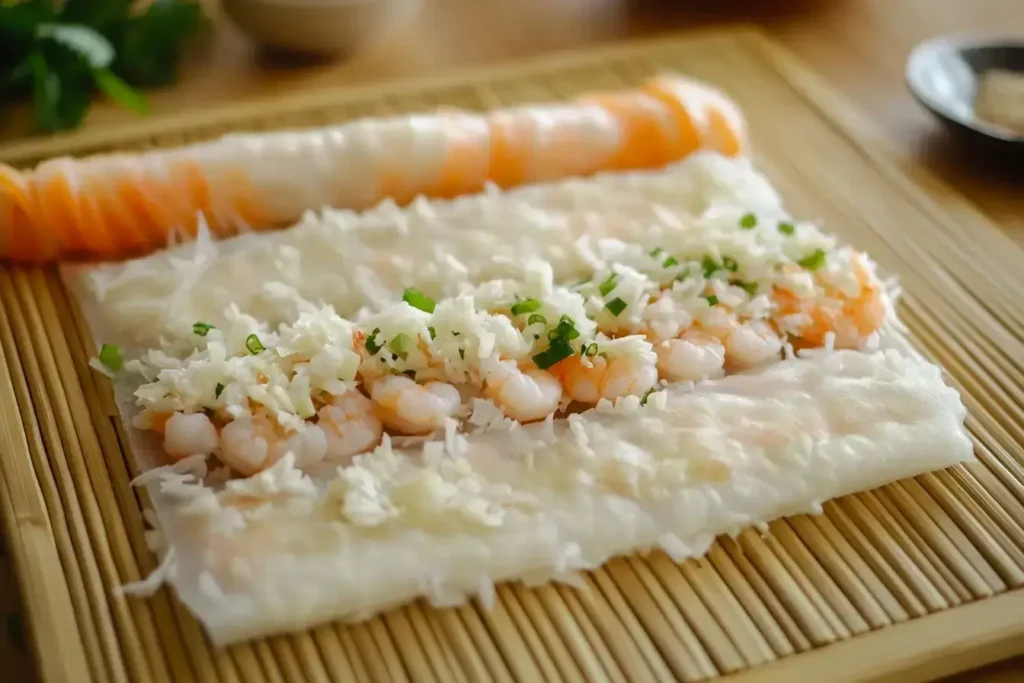 Step-by-step process of wrapping shrimp spring rolls