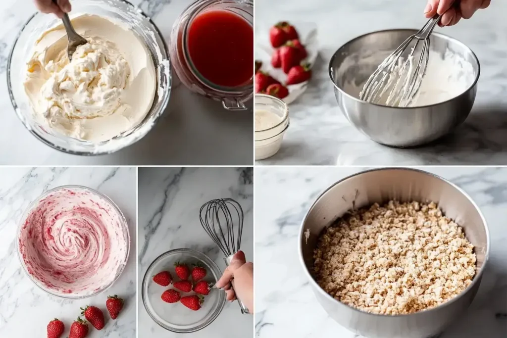 Step-by-step images showing the process of making a strawberry crunch cake.