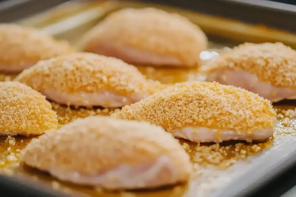 Step-by-step preparation of baked chicken cutlets, from breading to baking.