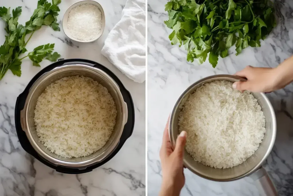 Step-by-step preparation of basmati rice in an Instant Pot.