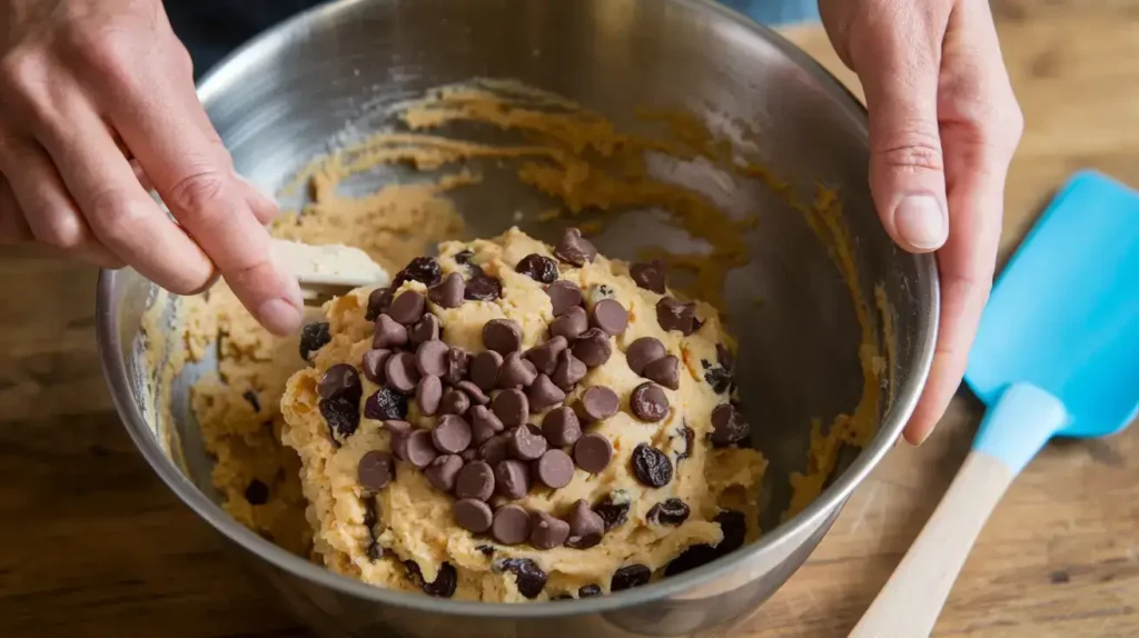 Mixing oatmeal raisin chocolate chip cookie dough