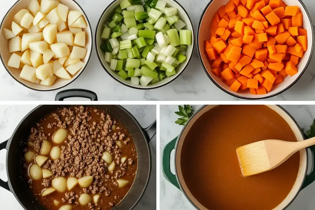 A pot of hamburger potato soup simmering on the stove
