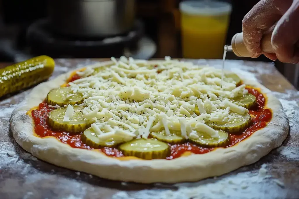 Step-by-step preparation of pickle pie pizza: dough, sauce, pickles, cheese.