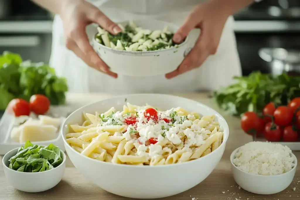 Step-by-step preparation of Caesar pasta salad with dressing and toppings.