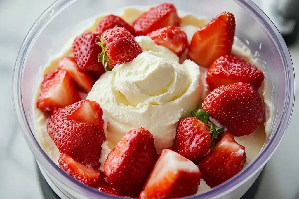 Blending strawberries and cream cheese to create a smooth, creamy mixture.