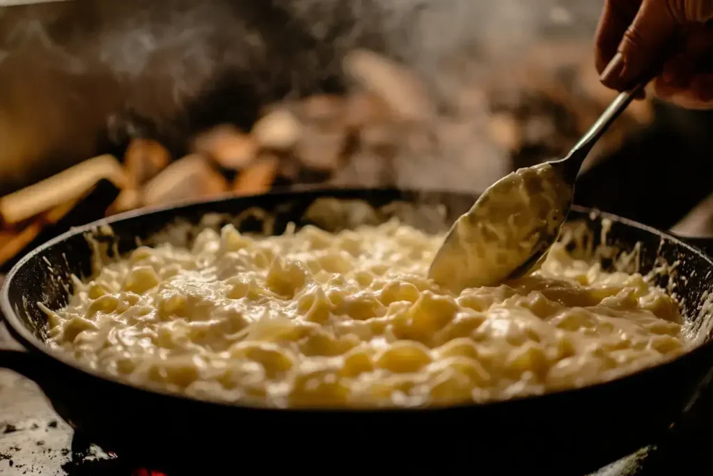 "Mixing cheese sauce into cooked coquillettes with a smoker in the background
