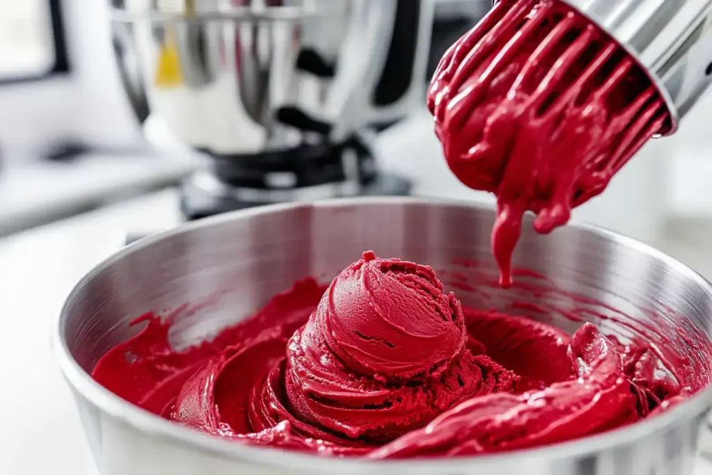 Preparing red velvet ice cream base with whisk and ice cream maker.
