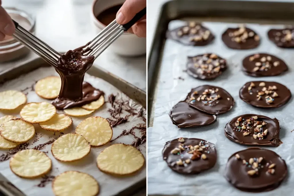 Step-by-step process of making chocolate covered potato chips, including dipping, decorating, and cooling