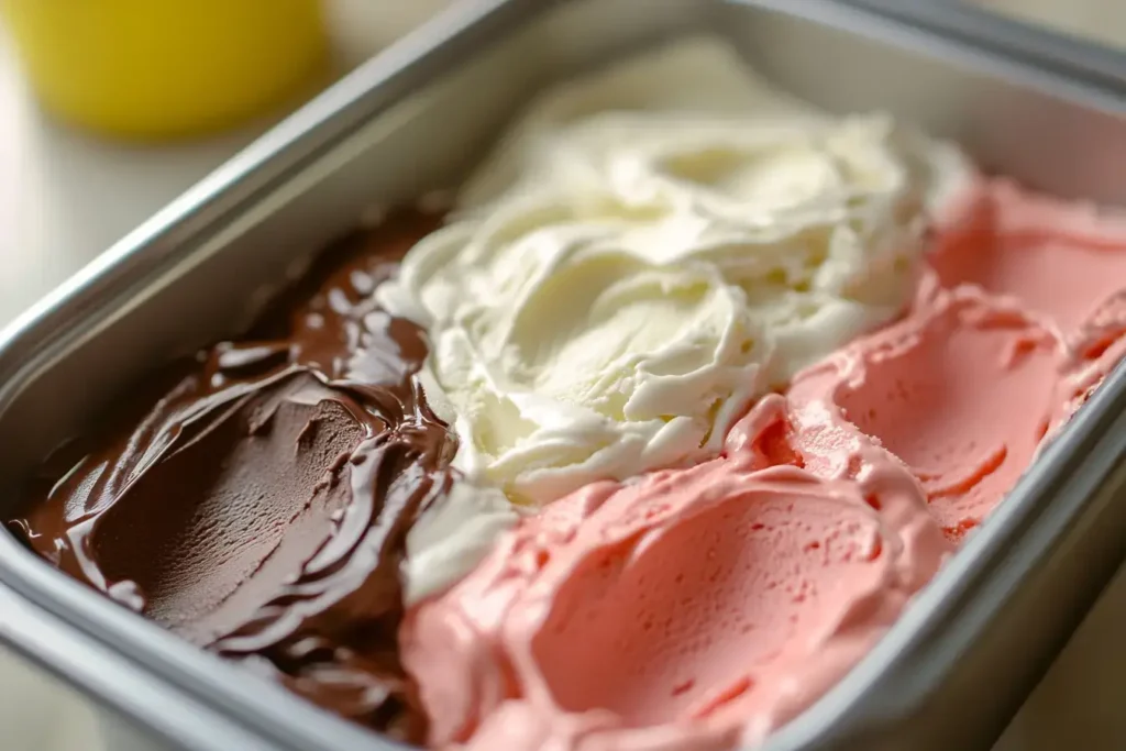 Layering process of Neapolitan ice cream in progress.