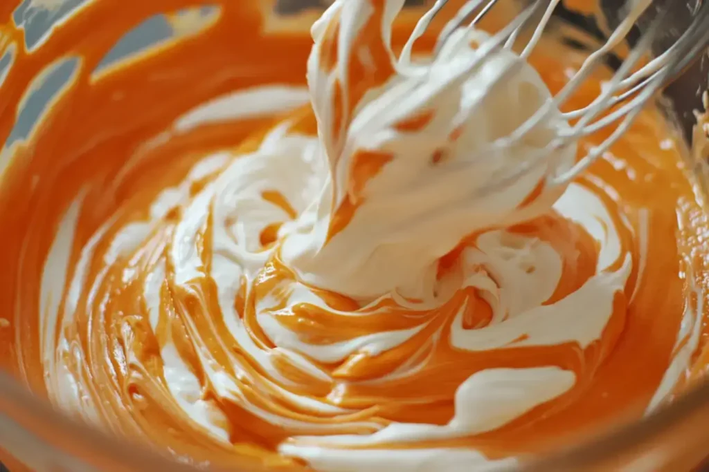 Step-by-step preparation of mandarin orange cake: mixing batter, pouring into pan, and frosting