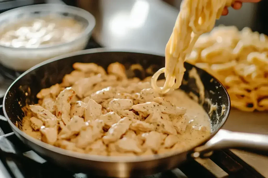 Step-by-step preparation of garlic parmesan chicken pasta in a pan.